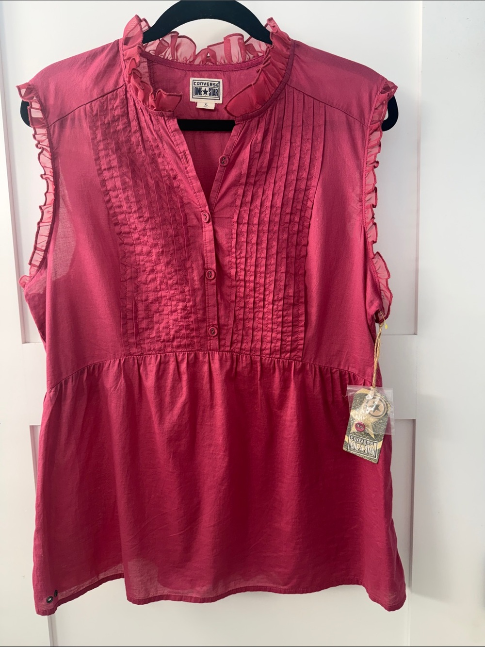 Converse Fuchsia Pintuck Ruffle Sleeveless Blouse